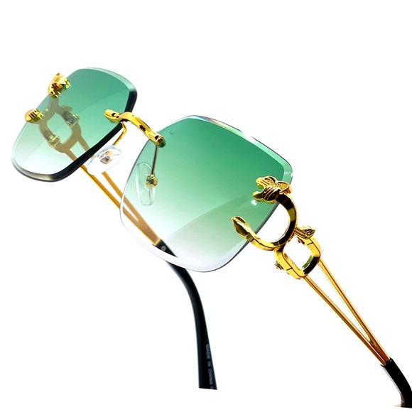 Rimless Sunglasses Green Lens‎ Gold Frame Square Fashion Designer Shades UV400 - Picture 1 of 3
